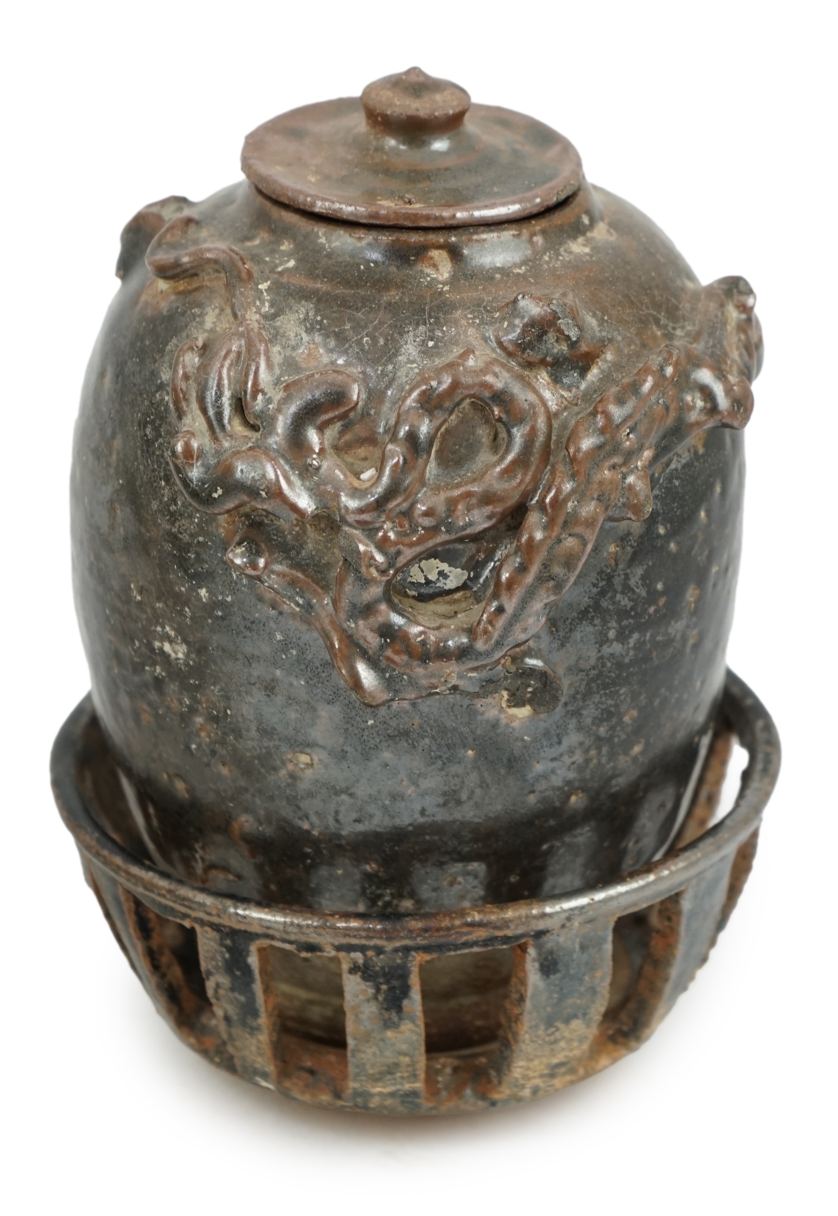 A Chinese Song Dynasty stoneware jar with rare stand and cover, Song Dynasty (AD 960-1279)